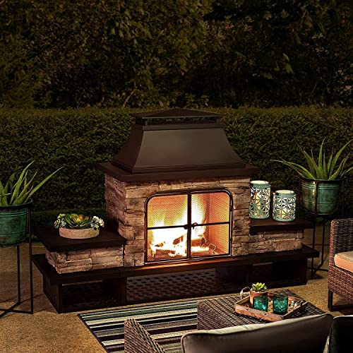 Sunjoy Outdoor Fireplace, Patio Wood Burning Fireplace with Steel Chimney, Mesh Spark Screen Doors, Fire Poker, and Removable Grate, Black Sunjoy
