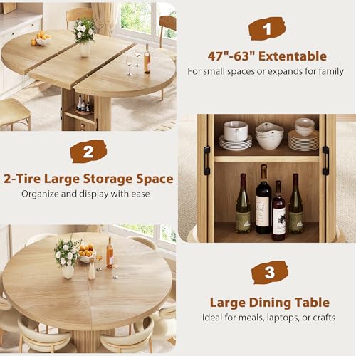 Jocoevol 47β³β63β³ Extendable Round Dining Table for 4β8 with Dust-Proof 2-Tier Storage Shelf Space-Saving Expandable Dining Room Table Wood Oval Circle Dining Table with Pedestal Base (Natural) Jocoevol