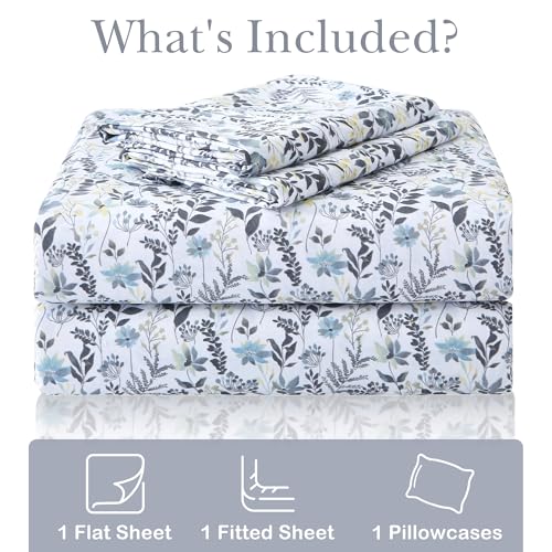 Mooreeke Cozy Vintage Microfiber Printed Twin Sheet Set - Soft Breathable Floral Bed Sheets with Deep Pocket - Non-Slip Fitted Design - Yellow Blue Gray Gradient Flowers Pattern Mooreeke