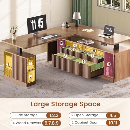 SEDETA L Shaped Electric Standing Desk, 69" x 55"Height Adjustable Office Executive Desk with 4 Drawers and Storage Shelves, Fluted Sit Stand Computer Desk with Power Outlet for Home Office (Brown) SEDETA