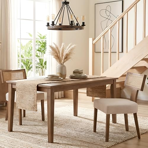 HNY Mid Century Modern Rattan Dining Chairs Set of 6, Farmhouse Linen Upholstered Accent Chair Curved Backrest Kitchen Chairs, with Hardwood Frame, Beige HNY