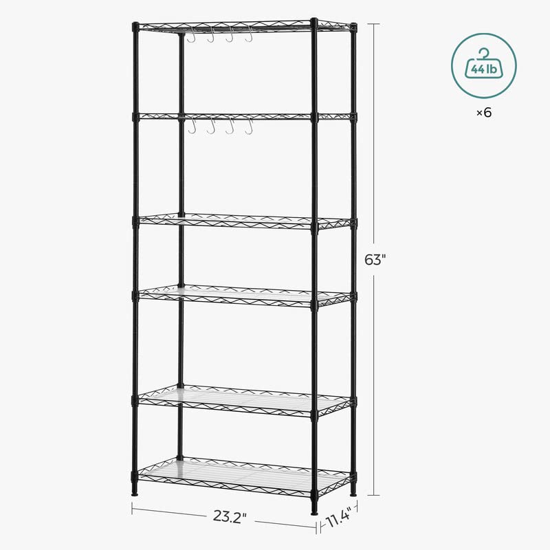 SONGMICS 6-Tier Storage Shelves, Wire Shelving Unit, Kitchen Metal Shelves, Storage Rack with Adjustable Shelves, Shelf Liners, 8 Hooks, for Garage, 11.4 x 23.2 x 63 Inches, Black ULGR066B01 SONGMICS