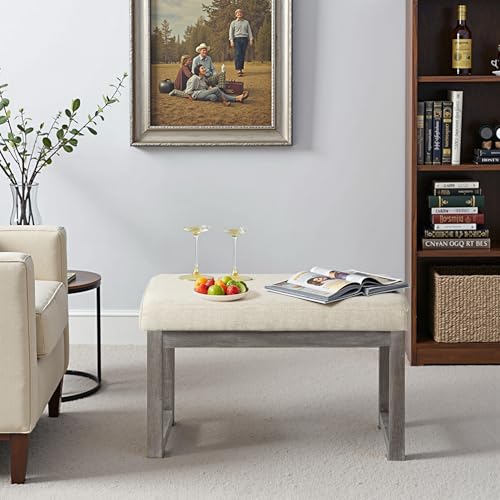 CangLong 27 Inch Wide Ottoman Bench, Rectangle Footstool with Linen Look Fabric and Wood Leg for Entryway, Bedroom & Living Room, Beige CangLong