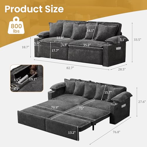82.7’’ King Size Pull Out Sofa Bed, 3 in 1 Convertible Sleeper Sofa Bed with Futon Sofa , Chenille Loveseat Couch Bed with USB and Storage Pockets for Living Room,Bedroom, Pet-Friendly (Dark Gray) GRAINLLE