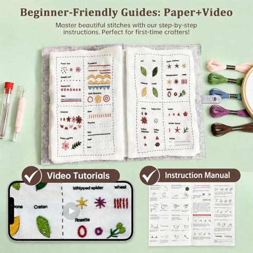 NBNQ Embroidery Stitch Book Kit for Beginners with Portable 10.65"x8.27" Loose-Leaf Cover, Includes 6 Fabric Pages, Complete Toolkit, Instructions and Videos.