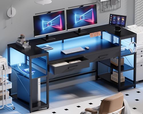 Pamray 58 Inch Computer Desk with Monitor Stand and Shelves Gaming Desk with LED Lights & Power Outlets PC Vanity Table with 2 Drawers for Home Office Black Pamray