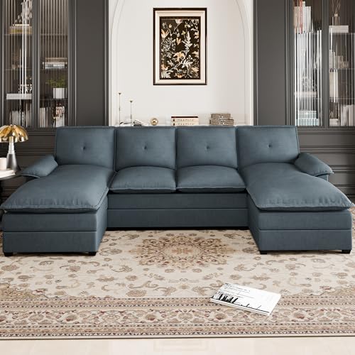110" Sectional Couches for Living Room,4-Seat U Shaped Couch with Double Chaise,Modular Sofa Couches Sleeper with Thick Cushion & Soft Backrest,Dark Grey Shintenchi