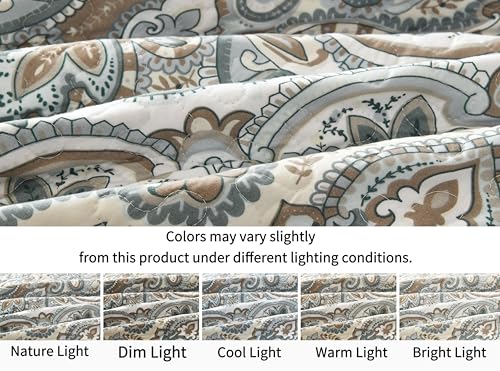 Grand Linen 3 Piece Oversized Lightweight All-Season Paisley Design Quilt Set, King Size, 115” Wide x 95” Long, Soft Microfiber Bedspread with 2 Shams, Blue, Grey and Brown Colors, Reversible Coverlet Grand Linen