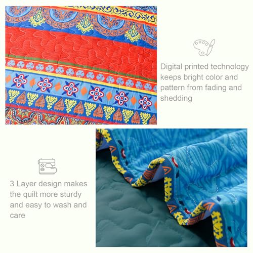 Exclusivo Mezcla Reversible Boho Quilts Twin Size, Blue Bedspreads Lightweight Coverlet All Season Bohemian Quilt Bedding Set with Printed Floral Pattern (1 Quilt, 1 Pillow Sham) Exclusivo Mezcla