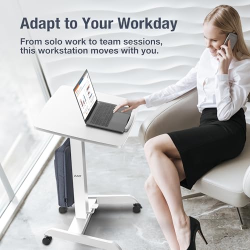 AVLT 47" Height Adjustable Mobile Workstation with Tilting Desk (3 ft 11 inches) - Foot Pedal Pneumatic Standing Desk Cart - Mobile Laptop Cart - Mobile White Cart with Brake Casters AVLT
