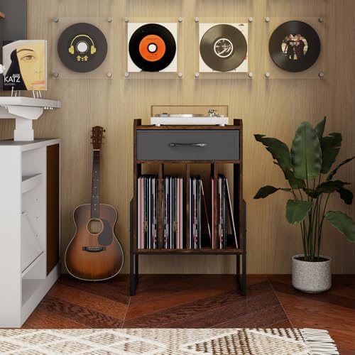 Giantex Record Player Stand, 2-Tier Turntable Stand with Fabric Drawer, Open Vinyl Storage and Display Shelf, Modern Wood Record Stand, Vinyl Record Storage for Living Room, Media Room (Rustic Brown) Giantex