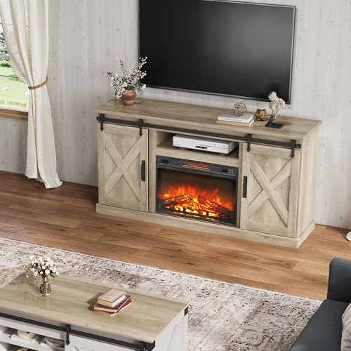 WLIVE Farmhouse Electric Fireplace TV Stand for TVs up to 65", Entertainment Center with Sliding X-Shaped Barn Door & Storage Cabinet, Media TV Console with 23" Fireplace for All Seasons, Grey Oak WLIVE
