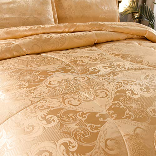 Raytrue-X Luxury Silk Bedding Comforter Sets, Gold Jacquard Lightweight Comforter Quilt, All Season Ultra Soft Microfiber Twin Comforter Set Matching 2 Pillow Shams(Twin/Twin XL, 3 Pieces) Raytrue-X
