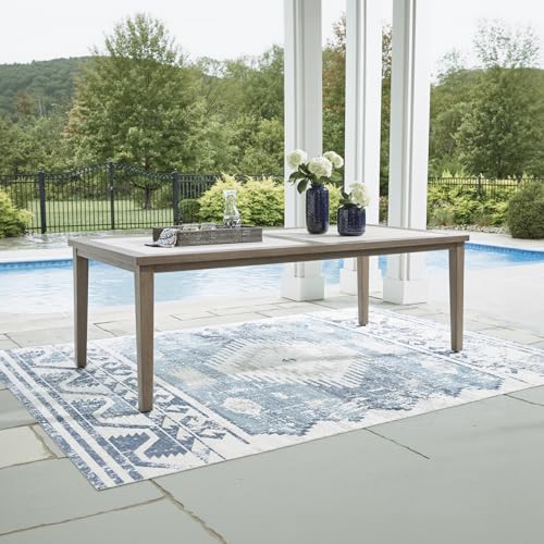 Signature Design by Ashley Rainier Ranch Contemporary Sintered Stone Tabletop Outdoor Dining Table with 4 Legs, Light Brown & Beige Signature Design by Ashley