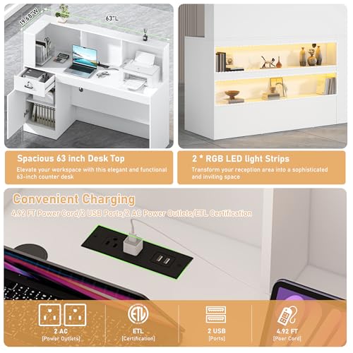 63" Reception Desk with LED Lights Power Outlets,L-Shaped Modern Front Table Reception Room Table with Cable Grommet,Lockable Drawers,Retail Checkout Counter for Lobby,Salon,Home Office Desk,White