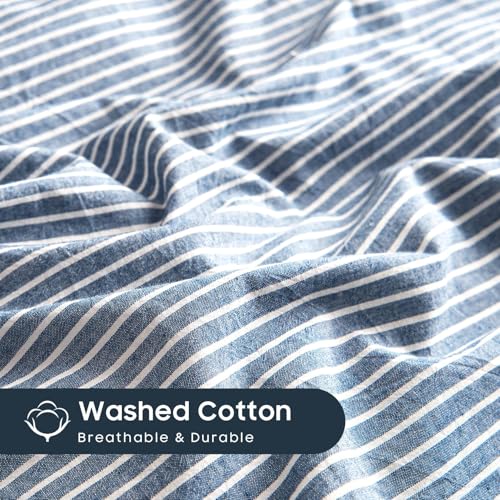 Wake In Cloud - Striped Cotton Duvet Cover Set, 100% Washed Cotton Textured Percale Bedding Set, Ticking Stripe Pinstripe Farmhouse, 3 Pieces, Denim Blue, Twin Size Wake In Cloud