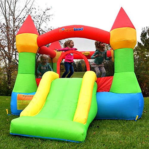 Bounceland Bounce House Castle with Basketball Hoop Inflatable Bouncer, Fun Slide, Safe Entrance Opening, UL Certified Strong Blower Included, 12 ft x 9 ft x 7 ft H Bounceland