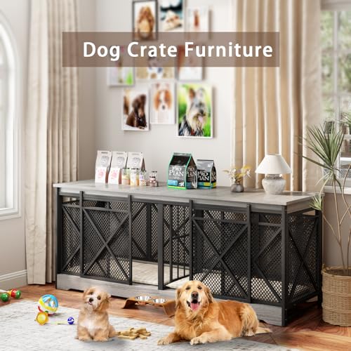 COZPAW 78 Inch Double Dog Crate Furniture, Extra Large Dog Kennel Indoor for Medium Large 2 Dogs, Heavy Duty Dog Cage Chew-Resistant Steel and Wooden Pet House with Removable Divider (Grey) COZPAW