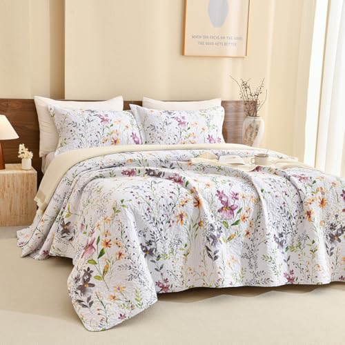 Sanracie 100% Cotton Quilt King Bedding Set(110"x98")-Floral Quilted Bedspreads Set,3pcs Yellow Wild Flower Botanical Printed Pattern Quilt Bedding Coverlet Summer Soft Lightweight Aesthetic Bedding Sanracie