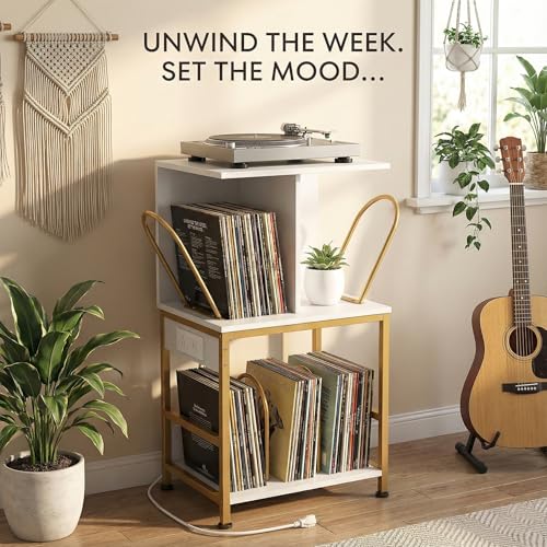 ZEXVIDA Record Player Stand with Vinyl Storage, Large Record Table Holds 180 Albums, Vinyl Record Storage Stand with USB Charger, Multi-Functional Side Table & Shelf for Living Room Bedroom ZEXVIDA