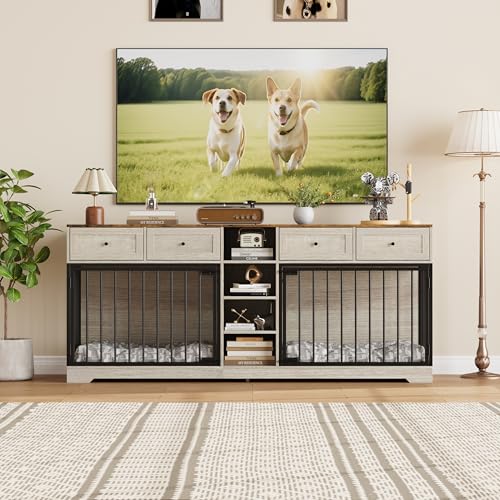 GarveeHome 82" Double Dog Crate Furniture, Large Dog Kennel Indoor for 2 Dogs, Heavy Duty Wooden Dog Crate TV Stand with 4 Drawers and Shelves, Washed White GarveeHome