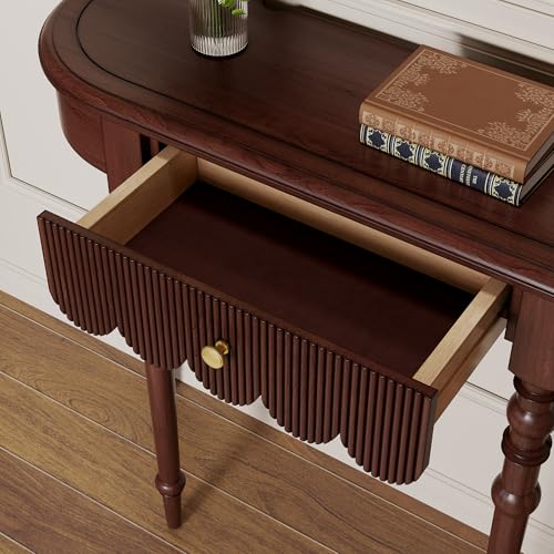 Etelifrank Solid Wood Console Table with Drawer – Dark Walnut Entryway Table with Scalloped Edge and Straight Legs, Narrow Accent Sofa Table for Living Room or Hallway(Dark Walnut) Etelifrank