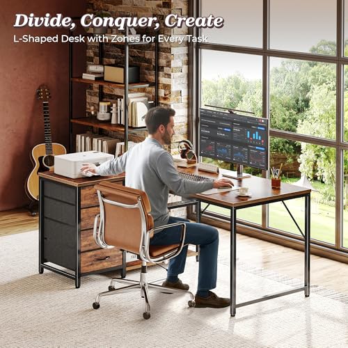PRAISUN 43.3" Small Computer Desk with Power Outlets and USB-C Port, Reversible L Shaped Corner Office Desk with 4 Fabric Drawers and 2 Height-Adjustable Shelves, for Gaming Writing, Rustic Brown PRAISUN
