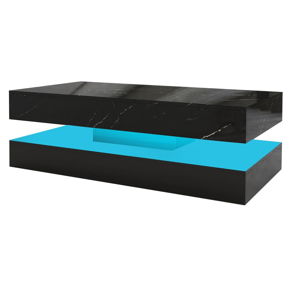 HOMFAMILIA LED Coffee Table with 2 Storage Drawers, Modern High Gloss Black Coffee Table w/20 Colors LED Lights, 2 Tiers Rectangle Center Table for Living Room with Marbling Print, APP Control, Black HOMFAMILIA