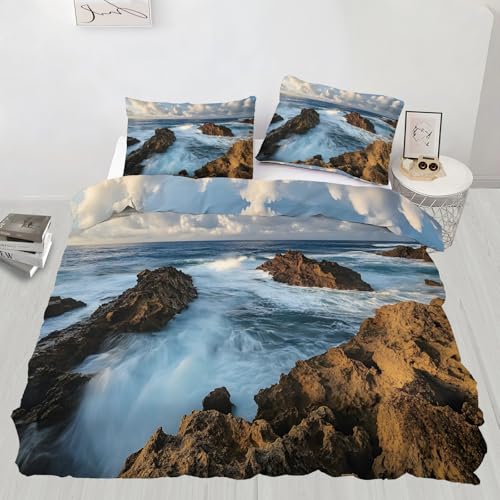 YFIOYI Blue Sea Bedding Set, Summer Duvet Cover Sets, Scenery Soft Microfiber Comforter Cover Sets with 3 Pillow Shams, with Zipper(Long Single) YFIOYI