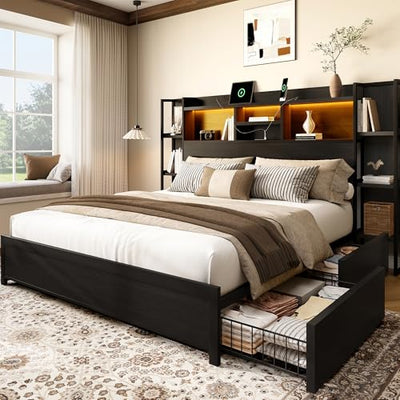 BRELTAM King Size Bed Frame with 4 Storage Drawers and Headboard Featuring Shelf Storage, Wooden Platform Bed Frame with LED Lights and Charging Station, Easy Assembly/No Box Spring Needed/Black