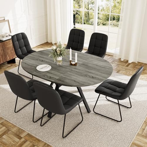 HIPIHOM Extendable Round Dining Table Set for 6 People, 43.3"-59.1" Extendable Kitchen Table with 6 Upholstered Chairs, Space Saving for Kitchen Dining Room (Grey Table+6 U-Shaped Black Chairs) HIPIHOM