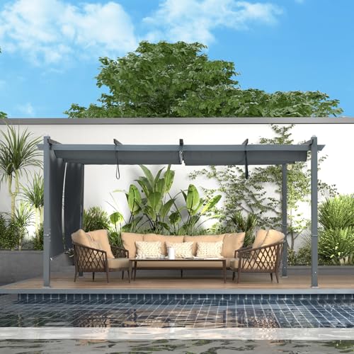 Aoodor 12 x 16 ft Outdoor Pergola with Retractable Shade Canopy, Matte Dark Gray Aluminum Frame, 2 Roller Shade Curtains, Grape Trellis Pergola for Patio, Backyard, Deck, Grey Aoodor