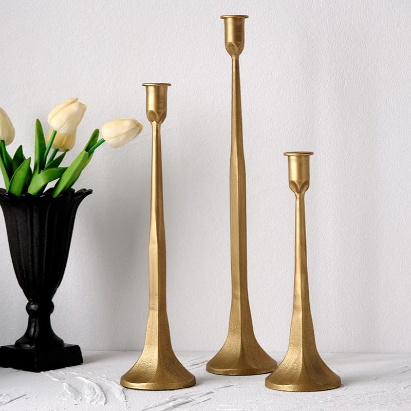 Denique Iron Taper Candle Holder Set of 3, Gold Candlestick Holders Decorative Candle Stand, Tapered Candle Holders Tall Set for Wedding, Dining Table, Home Decoration (Gold) Denique