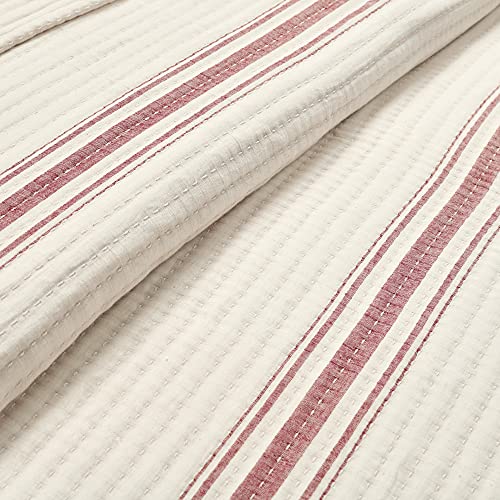 Lush Decor Farmhouse Stripe Kantha Pick Stitch Cotton Quilt/Coverlet Single Full/Queen, Red - Striped Bedding Queen Quilt - Queen Blanket For Bed Lush Decor