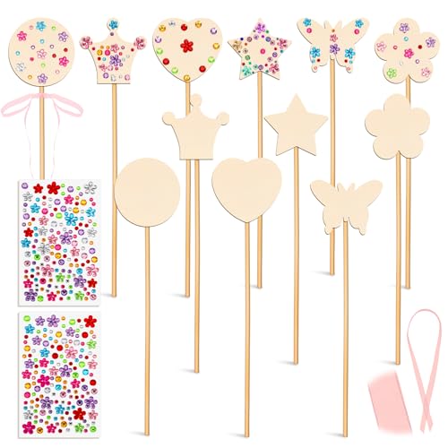 18pcs Fairy Wands Princess Fairy Wands Kit Princess Crafts Kid Birthday Party Supplies Make Your Own Wand Include Unfinished Wooden Fairys Wand Gem Stickers, Ribbons, Ideal for Kids 6+ Aphumedc
