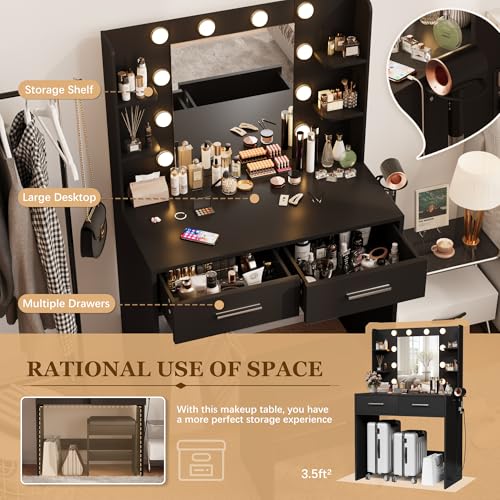 Furmax Make up Vanity Desk with Mirror and Power Outlet, Vanity with 3 Color Light Options Adjustable Brightness,Vanity Desk with 2 Drawers, 6 Storage Shelves (Black, with Bench) Furmax