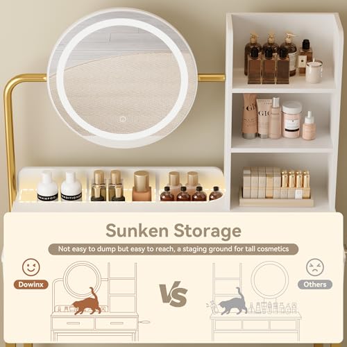 Dowinx Vanity Desk with LED Lighted Mirror & Power Outlet, White Vanity Desk with Adjustable 3 Lighting Modes, Small Vanity Desk for Bedroom, Makeup Vanity with Chair for Girl, Gold and White Dowinx