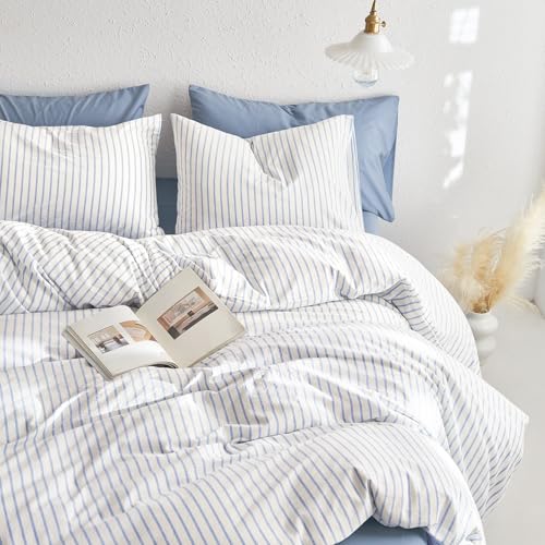 Wake In Cloud - Striped Cotton Duvet Cover Set, Ticking Stripe Vertical Pinstripe Farmhouse, 100% Washed Cotton Textured Percale Bedding Set, 3 Pieces, Blue White, Twin Size Wake In Cloud