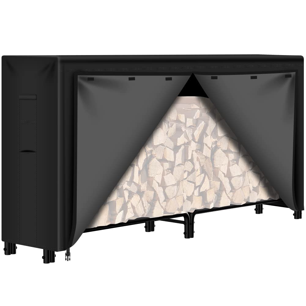 AMAGABELI GARDEN & HOME 8ft Firewood Log Rack Cover Weatherproof Outdoor Heavy Duty Waterproof 600D Oxford Fabric Fireplace Logs Holder Covering Fire Wood Storage Covers Black AMAGABELI GARDEN & HOME