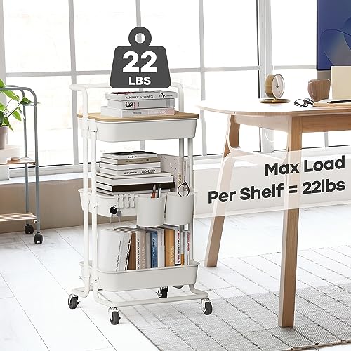 DTK 3 Tier Rolling Utility Cart with Cover Top - Versatile Kitchen and Home Storage Solution in White DTK