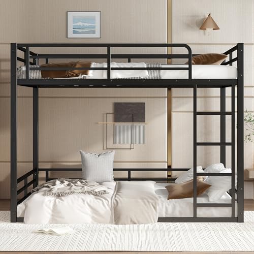 Full Over Full Bunk Bed Frame with Noise Reduced Design, Heavy Buty Floor Bunk Bed with Build in Ladder for Kids, Teens, No Box Spring Needed, Not Include Mattress Bellemave