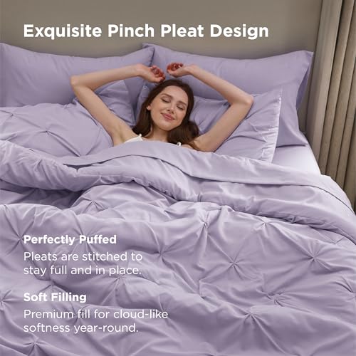 Bedsure Full Comforter Set Light Purple - Bed in a Bag Full Size Bedding Set 7 Pieces, GentleSoft™ Pintuck Bed Set Gift for Family, Pinch Pleat All Season Comforter with Sheets, Pillowcases & Shams Bedsure