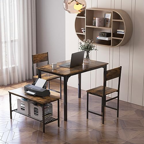 Moccha Dining Table Set for 4, Wooden Kitchen Table with with 2 Chairs and a Long Bench, Modern 4-Piece Dinette with Metal Frame & Storage Rack, Space-Saving Table Set for Dining Room, Rustic Brown LDAILY