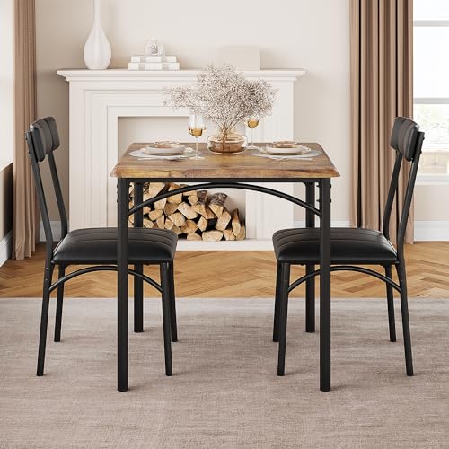 SLEKVERSA 3-Piece Dining Table Set for 2, Kitchen Table Set with 2 Upholstered Chairs, Square Dining Table Set for Apartment, Studio, Small Space, Brown SLEKVERSA