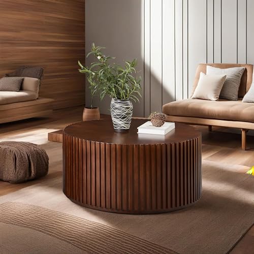 DS-HOMEPORT Round Wood Coffee Table for Living Room, Modern Handcraft Drum Coffee Table, Circle Wooden Coffee Table for Small Space Apartment, No Need Assembly(Espresso,31x31x16 in) DS-HOMEPORT