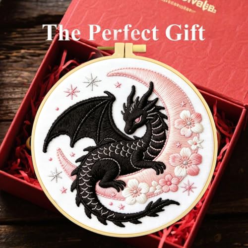 Zhenqing Black Dragon and Pink Moon Embroidery Kit, Fantasy Mystical Craft Set with 20cm Hoop, Printed Design on 29x29cm Cotton Fabric, DIY Gothic Art (JC0067)