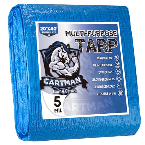 CARTMAN Finished Size 20x40 Feet Blue Poly Tarp 5 Mil Thick, Multipurpose Protective Cover for Camping, Tent, Boat, RV, Car CARTMAN