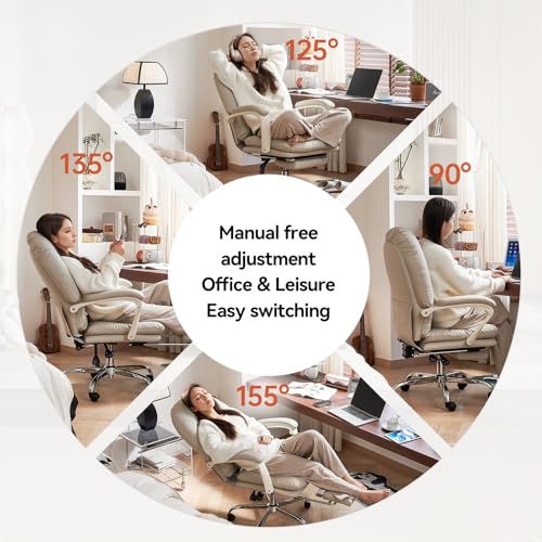 EMIAH Ergonomic Office Chair with Foot Rest Criss Cross Chair with Wheels Reclining Executive Office Chair Mid Back PU Leather Swivel Computer Chairs Lumbar Support for Home Office (Beige) EMIAH