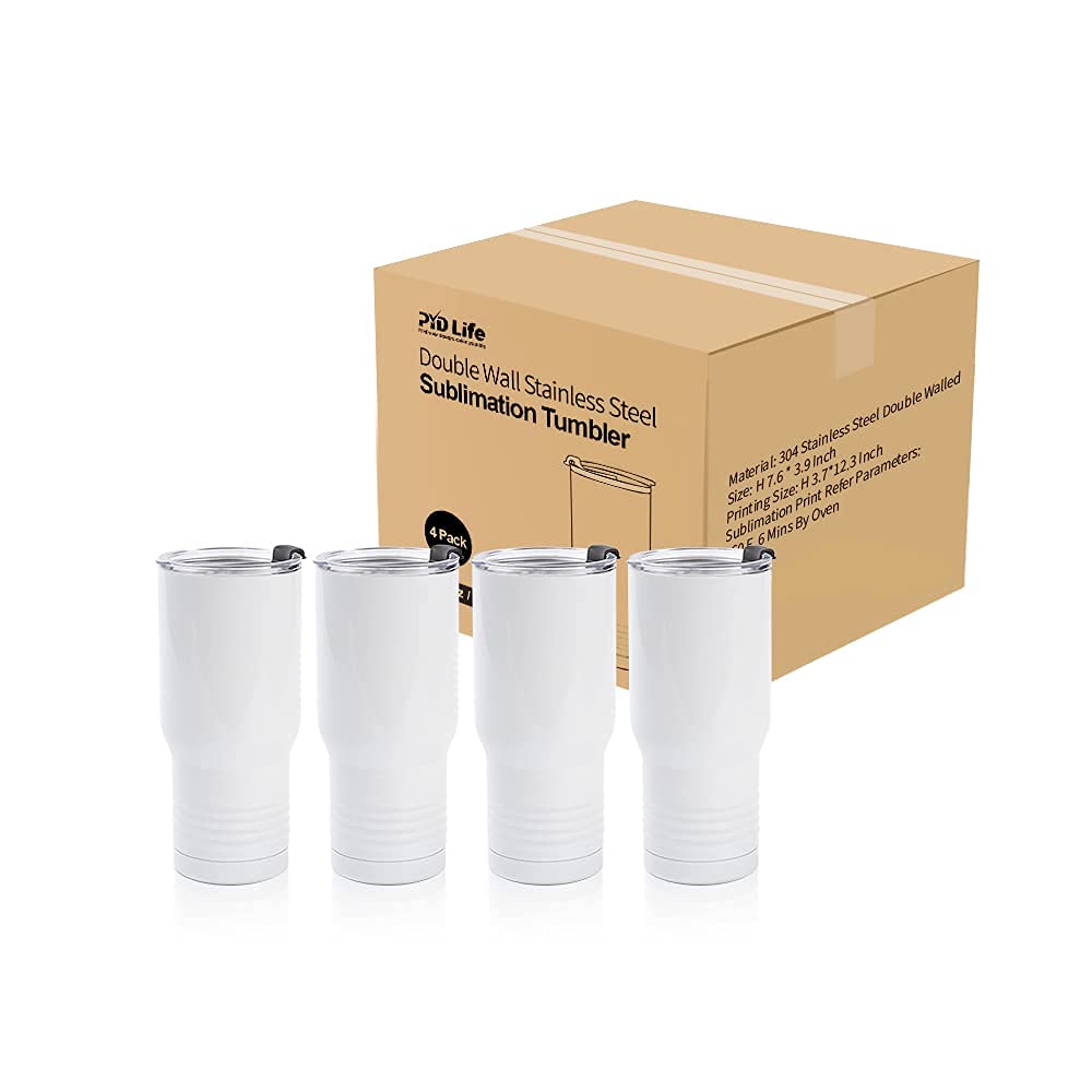 PYD Life Sublimation Tumbler Blanks 22 OZ White Stainless Steel Coffee Travel Tumbler Car Cups with Lid Sublimation Mugs Cups for Cricut Mug Press Machine Sublimation Print 4 Pack PYD Life
