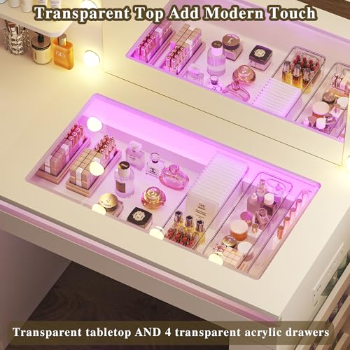 HUAHUU Vanity Desk with Lighted Mirror & Transparent Top, Makeup Vanity Desk with 4 Transparent Drawers and RGB Lighting, Built-in Power Outlet, 3-Tier Side Shelves & Storage Organizer for Bedroom HUAHUU